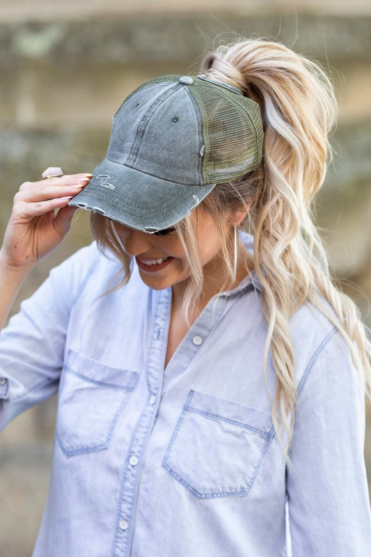 Distressed Messy Bun Hat Cap | Casual Hat Cap With Opening High & Twill Closure