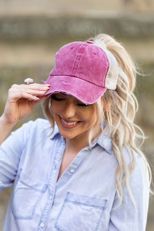 Distressed Messy Bun Hat Cap | Casual Hat Cap With Opening High & Twill Closure