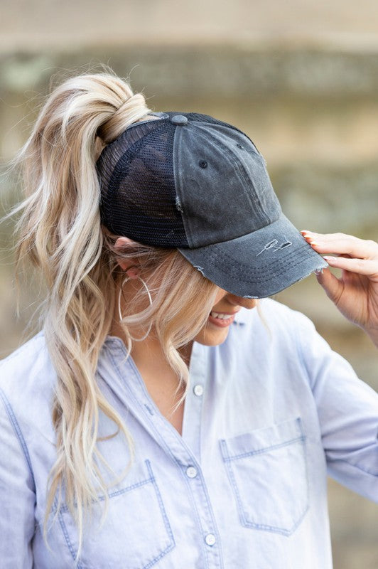 Distressed Messy Bun Hat Cap | Casual Hat Cap With Opening High & Twill Closure