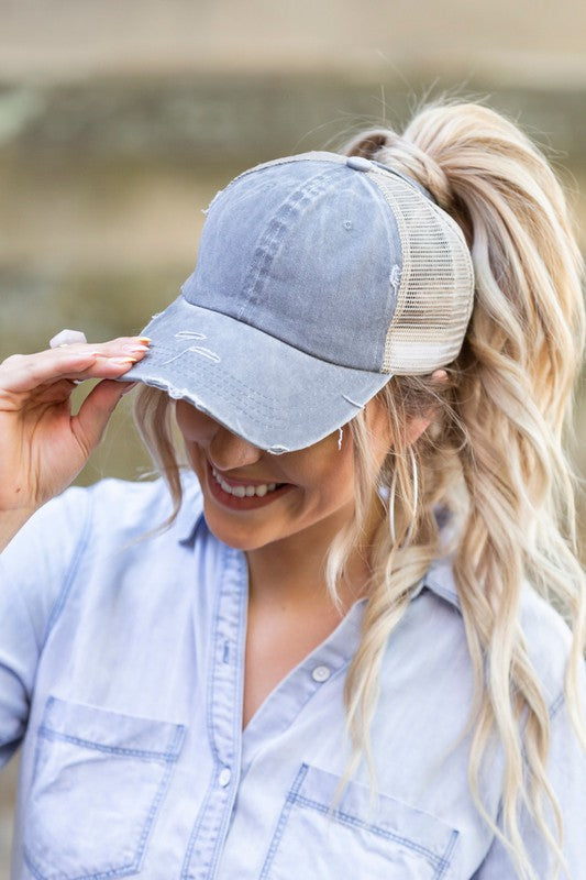 Distressed Messy Bun Hat Cap | Casual Hat Cap With Opening High & Twill Closure