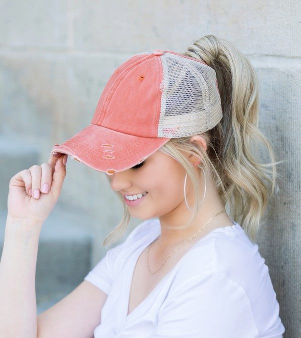 Distressed Messy Bun Hat Cap | Casual Hat Cap With Opening High & Twill Closure