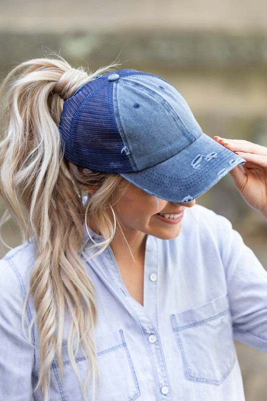 Distressed Messy Bun Hat Cap | Casual Hat Cap With Opening High & Twill Closure