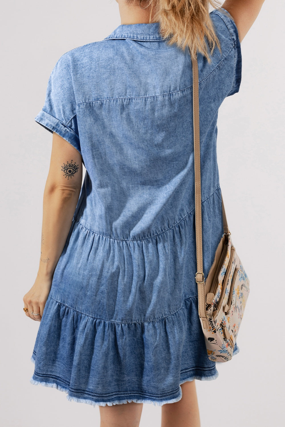 Raw Hem Collared Neck Short Sleeve Denim Dress | Casual A-Line Cotton Dress