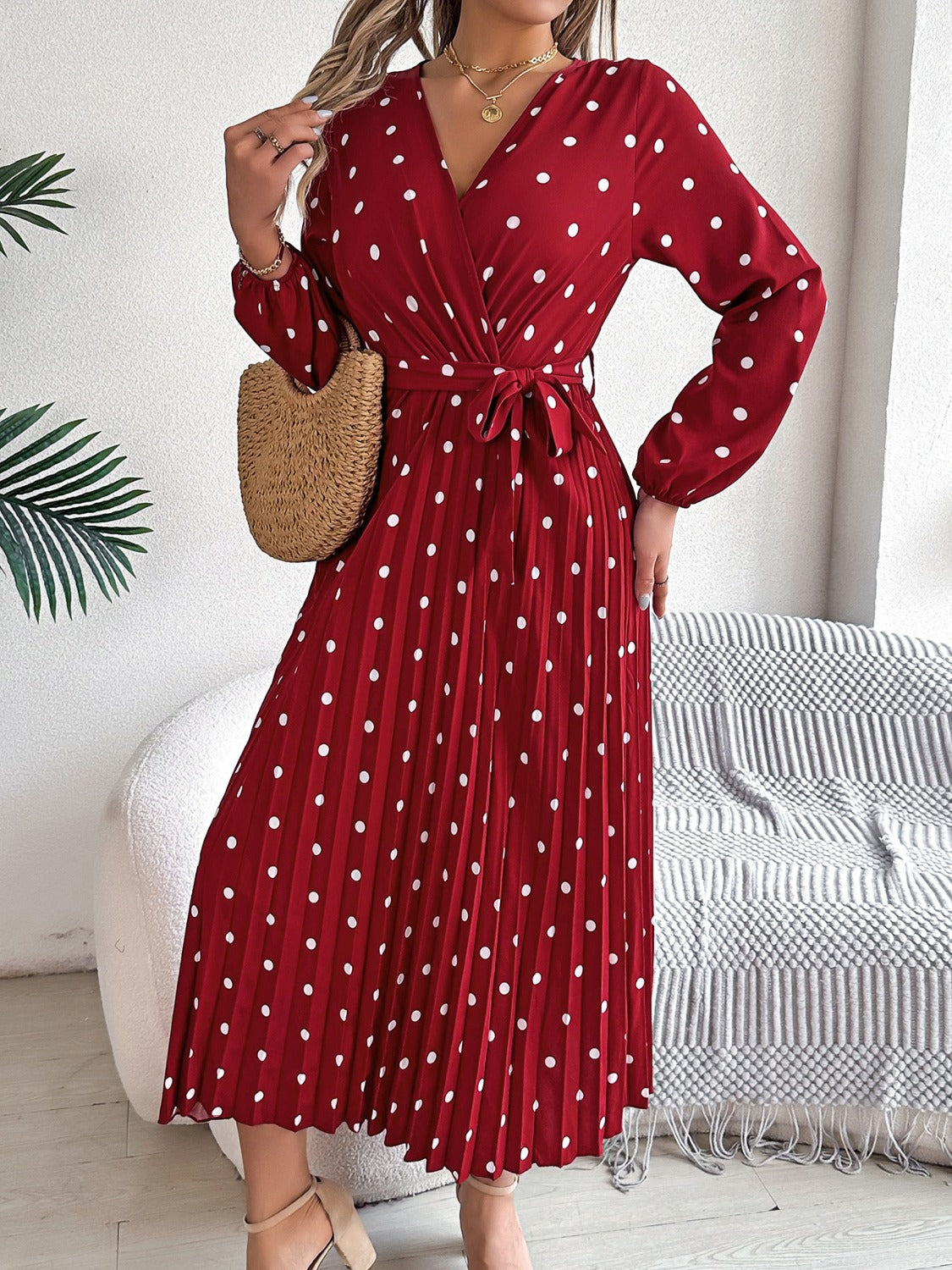 Tied Polka Dot Long Sleeve Midi Dress | Casual A-Line polyester Pleated Dress