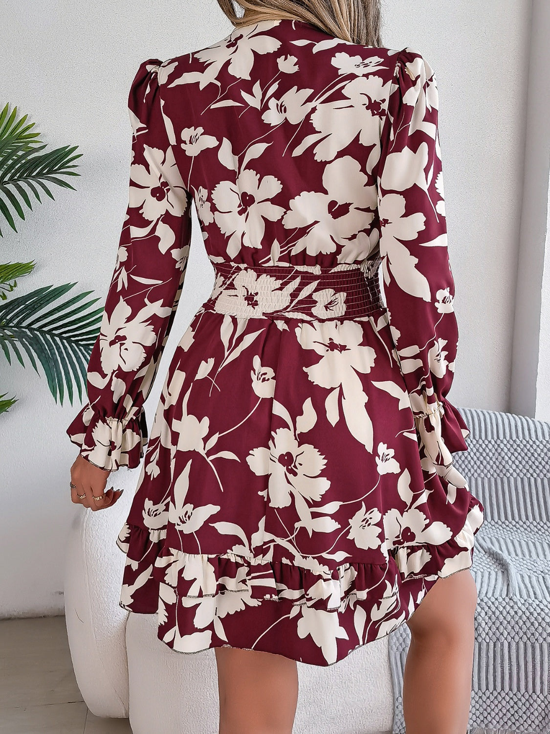 Tied Ruffled Printed Long Sleeve Dress | Casual Mini Floral A-Line Dress