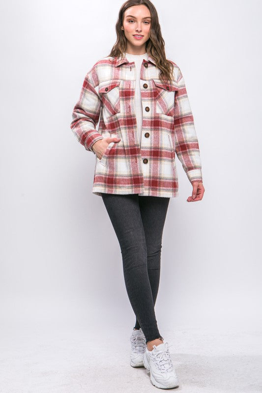 Plaid Button Up Jacket with Sherpa Lining | Casual Polyester Jacket With Collar