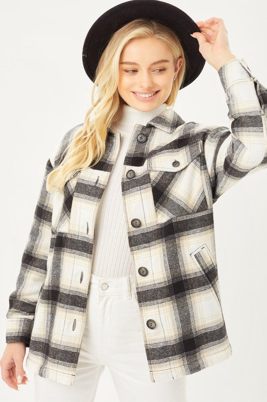 Plaid Button Up Jacket with Sherpa Lining | Casual Polyester Jacket With Collar