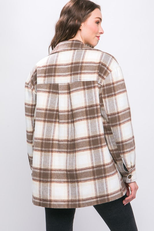 Plaid Button Up Jacket with Sherpa Lining | Casual Polyester Jacket With Collar