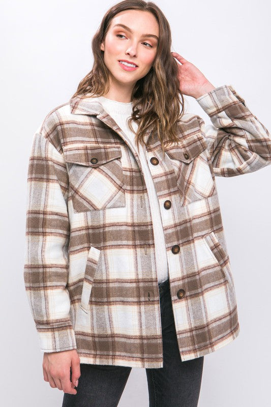 Plaid Button Up Jacket with Sherpa Lining | Casual Polyester Jacket With Collar