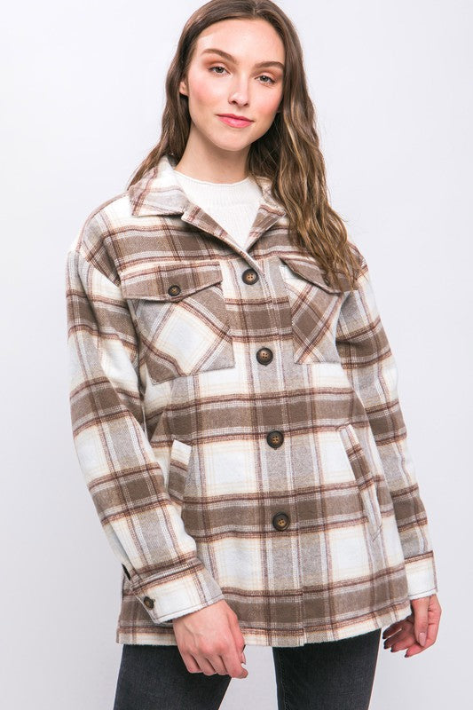 Plaid Button Up Jacket with Sherpa Lining | Casual Polyester Jacket With Collar