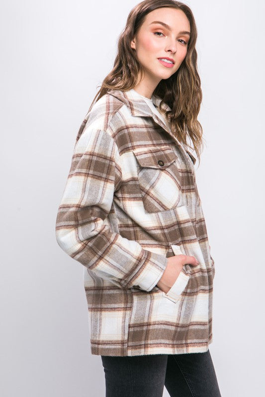 Plaid Button Up Jacket with Sherpa Lining | Casual Polyester Jacket With Collar