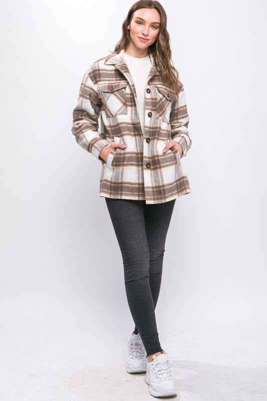 Plaid Button Up Jacket with Sherpa Lining | Casual Polyester Jacket With Collar