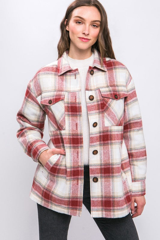 Plaid Button Up Jacket with Sherpa Lining | Casual Polyester Jacket With Collar