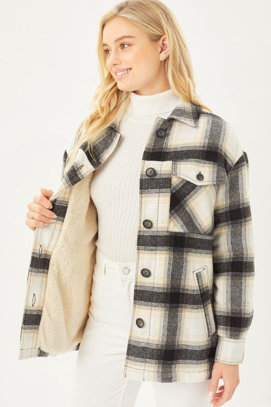 Plaid Button Up Jacket with Sherpa Lining | Casual Polyester Jacket With Collar