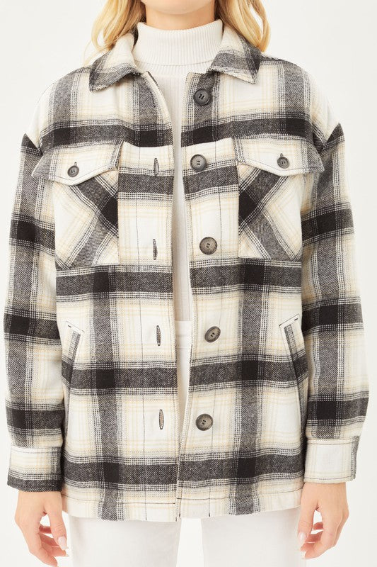 Plaid Button Up Jacket with Sherpa Lining | Casual Polyester Jacket With Collar