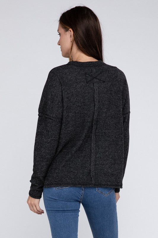 Ribbed Brushed Melange Hacci Sweater with a Pocket | Oversized Casual Sweater