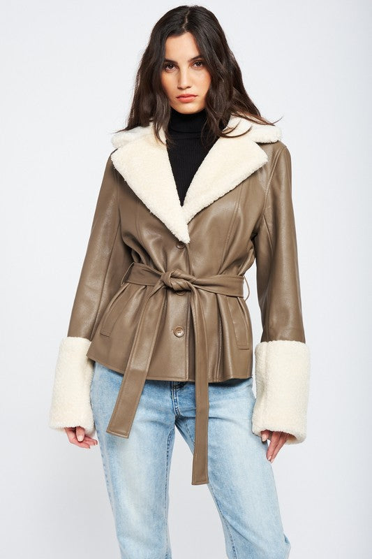 BELTED FAUX SHEARING TRIMMED JACKET | Fashionable Jacket With Tie Closure