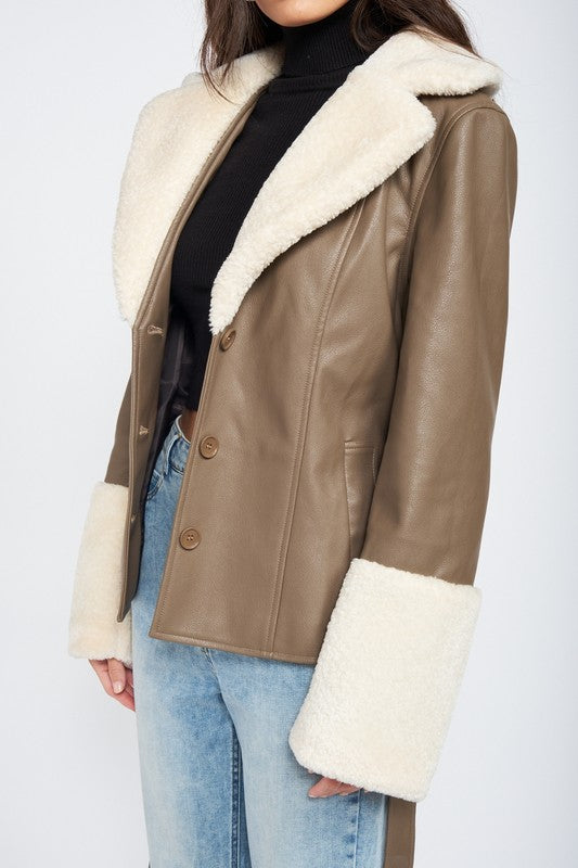 BELTED FAUX SHEARING TRIMMED JACKET | Fashionable Jacket With Tie Closure