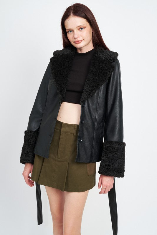 BELTED FAUX SHEARING TRIMMED JACKET | Fashionable Jacket With Tie Closure