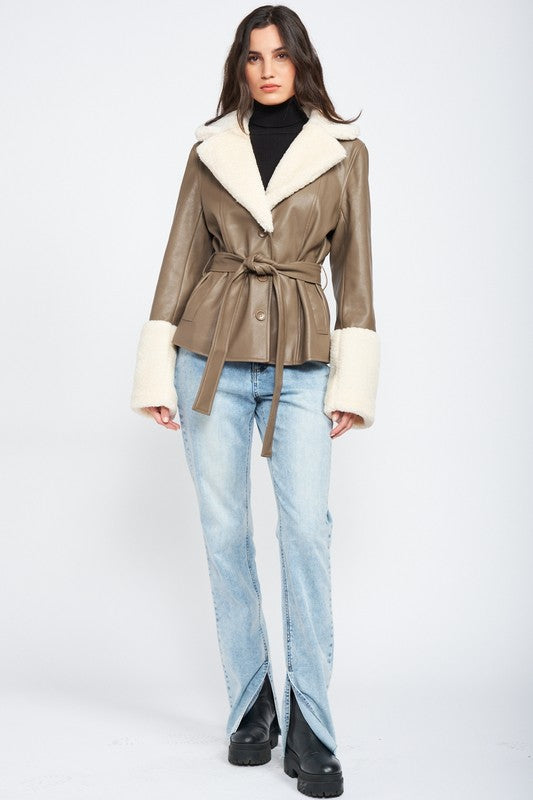 BELTED FAUX SHEARING TRIMMED JACKET | Fashionable Jacket With Tie Closure