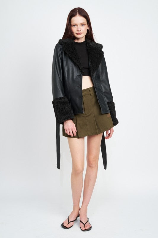 BELTED FAUX SHEARING TRIMMED JACKET | Fashionable Jacket With Tie Closure