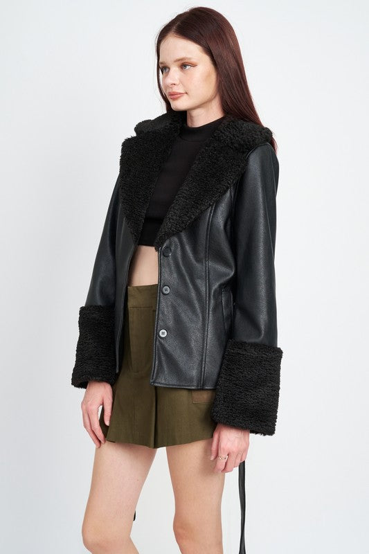 BELTED FAUX SHEARING TRIMMED JACKET | Fashionable Jacket With Tie Closure