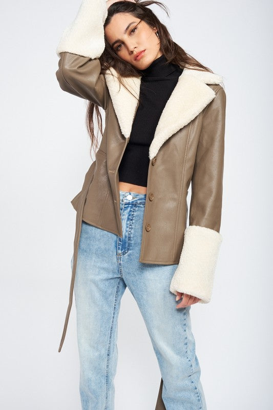 BELTED FAUX SHEARING TRIMMED JACKET | Fashionable Jacket With Tie Closure