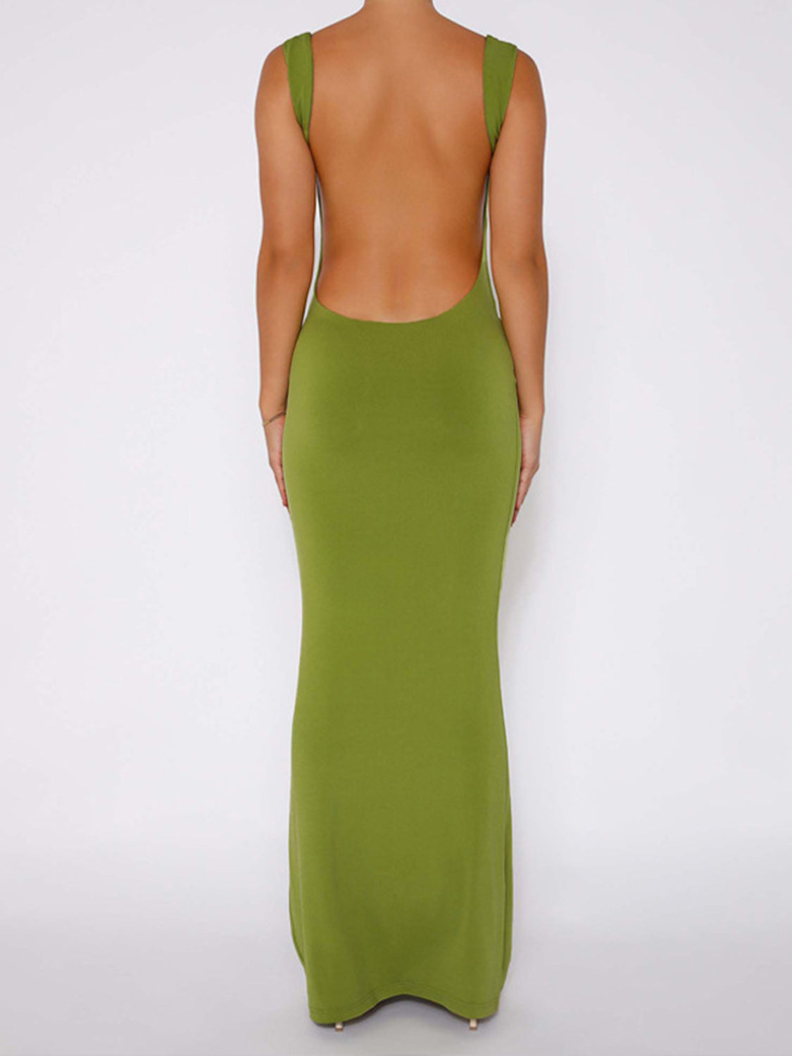 Backless Wide Strap Maxi Dress | Formal Sleeveless Sheath Solid Polyester Dress