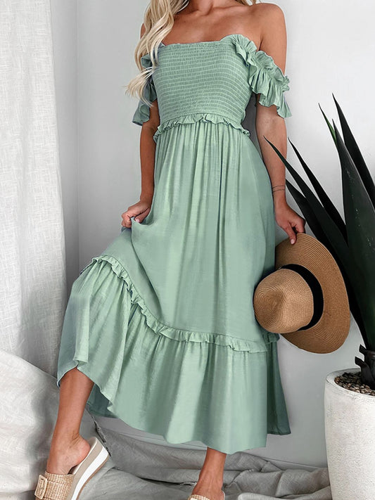 Frill Smocked Off-Shoulder Ruffle Sleeve Dress | Solid Dress W/ Short Sleeves