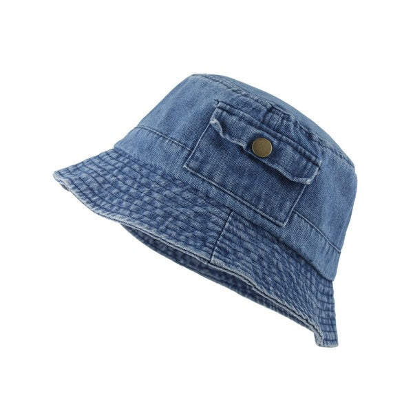 Pocket Accent Denim Bucket Hat | Solid Washed Denim Cotton Bucket Hat With