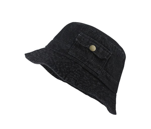 Pocket Accent Denim Bucket Hat | Solid Washed Denim Cotton Bucket Hat With