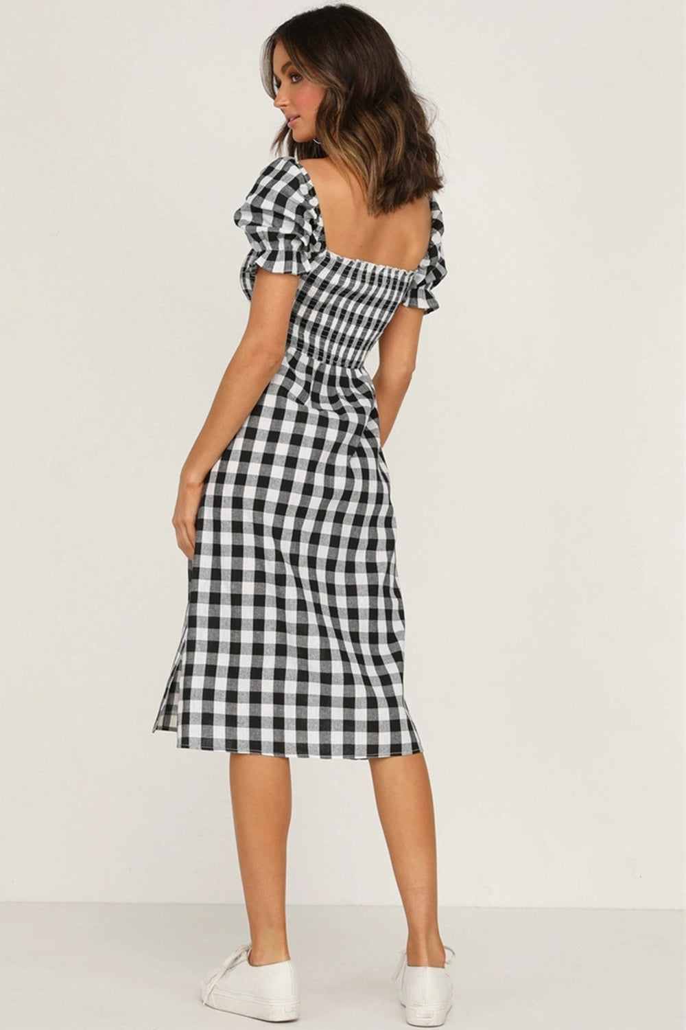 Full Size Slit Plaid Short Sleeve Midi Dress | A-Line Midi Smocked Dress