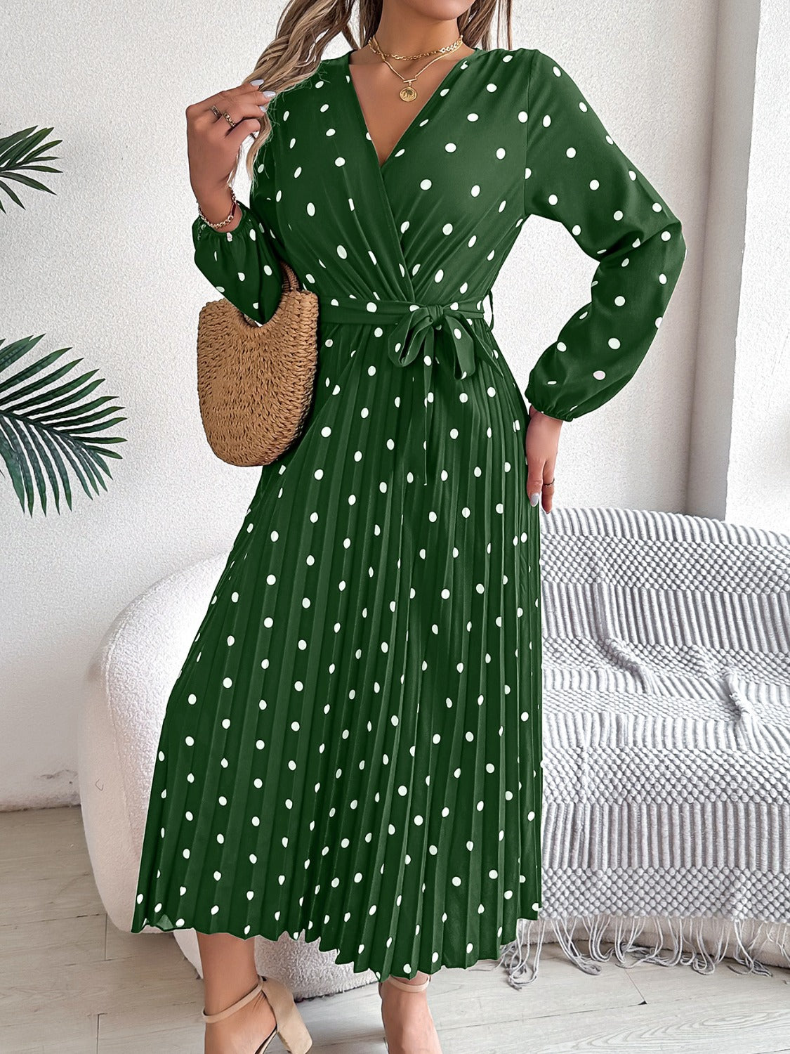 Tied Polka Dot Long Sleeve Midi Dress | Casual A-Line polyester Pleated Dress