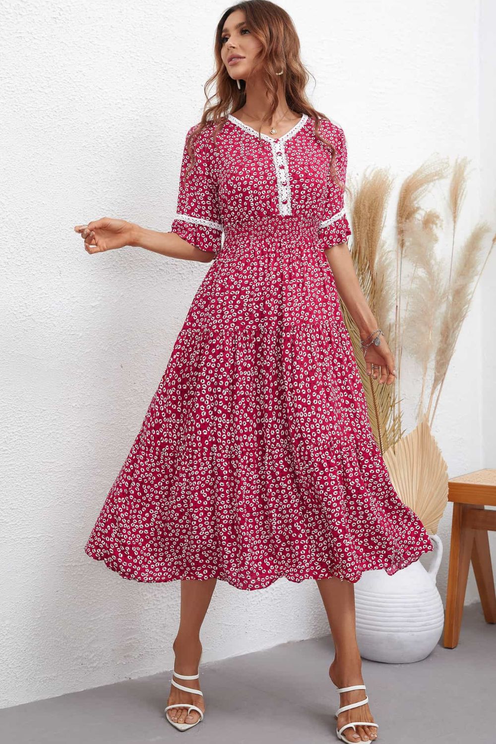 Floral V-Neck Smocked Waist Midi Dress | A-Line Printed Casual Half Sleeve Dress