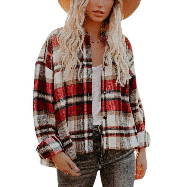 Women's Plaid Shacket | Polyester Jacket With Collar Neck & Button Closure