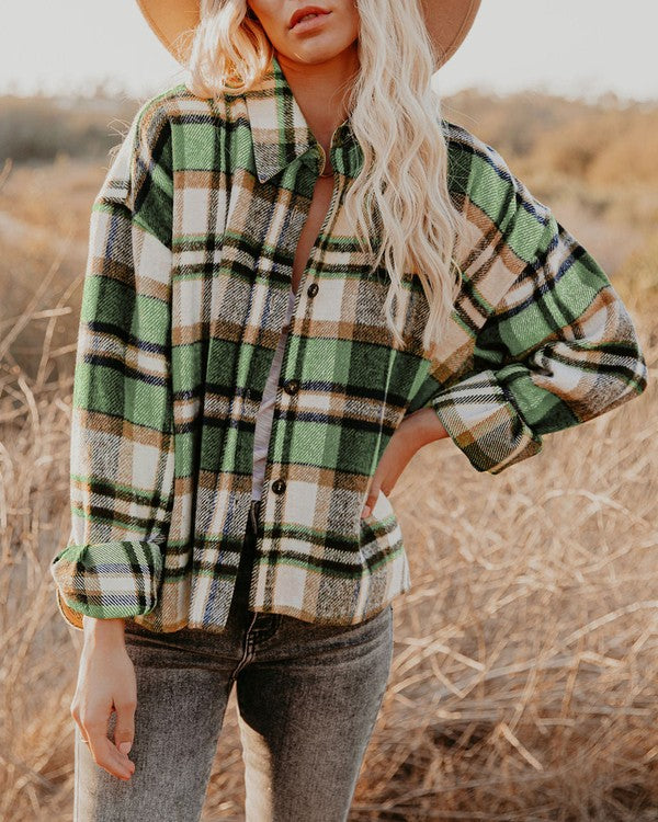 Women's Plaid Shacket | Polyester Jacket With Collar Neck & Button Closure