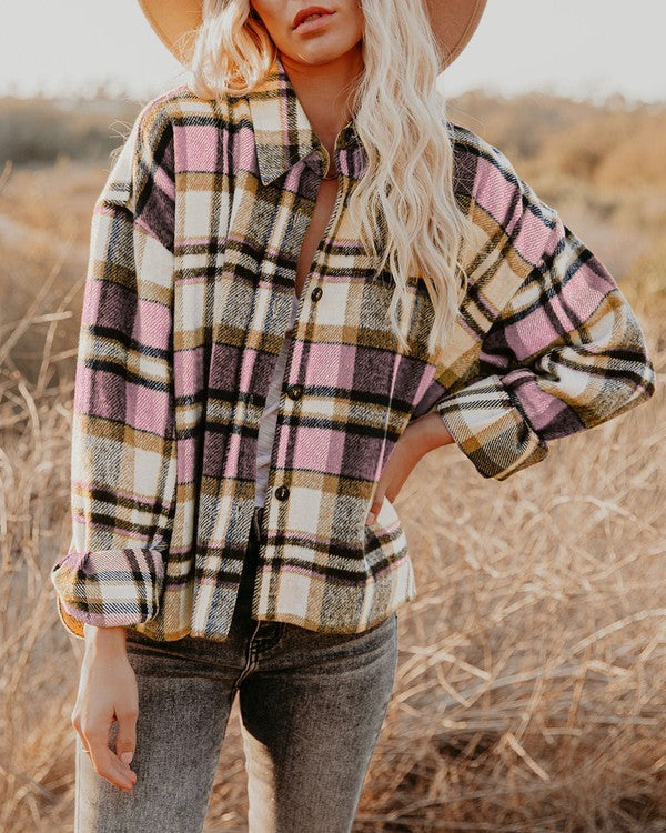 Women's Plaid Shacket | Polyester Jacket With Collar Neck & Button Closure