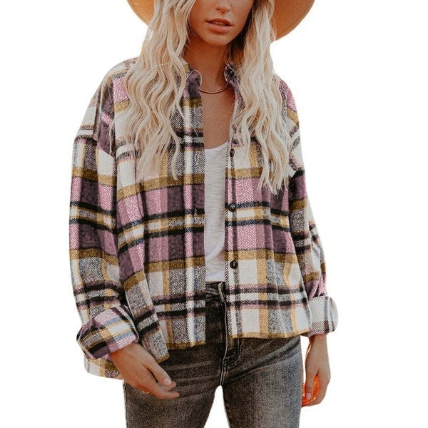 Women's Plaid Shacket | Polyester Jacket With Collar Neck & Button Closure