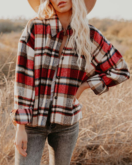 Women's Plaid Shacket | Polyester Jacket With Collar Neck & Button Closure