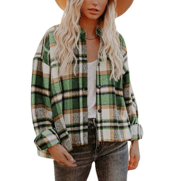 Women's Plaid Shacket | Polyester Jacket With Collar Neck & Button Closure