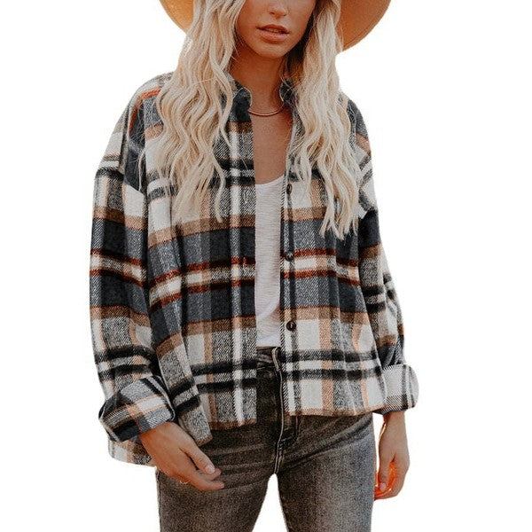 Women's Plaid Shacket | Polyester Jacket With Collar Neck & Button Closure