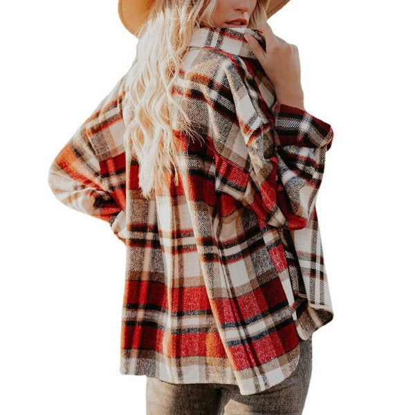 Women's Plaid Shacket | Polyester Jacket With Collar Neck & Button Closure