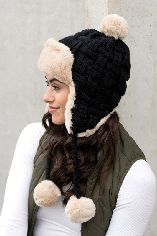 Cable Weave Pom Trapper Hat | Polyester Trapper Hat With Faux Fur Pom Accent