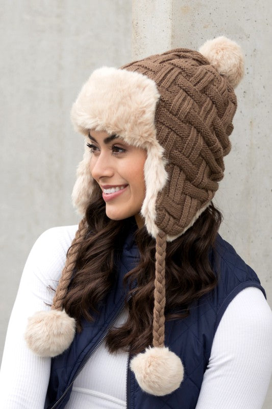 Cable Weave Pom Trapper Hat | Polyester Trapper Hat With Faux Fur Pom Accent