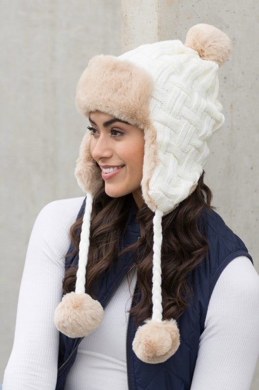 Cable Weave Pom Trapper Hat | Polyester Trapper Hat With Faux Fur Pom Accent