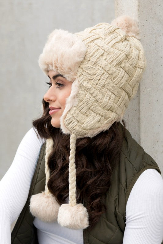 Cable Weave Pom Trapper Hat | Polyester Trapper Hat With Faux Fur Pom Accent