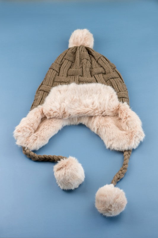 Cable Weave Pom Trapper Hat | Polyester Trapper Hat With Faux Fur Pom Accent