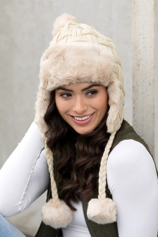 Cable Weave Pom Trapper Hat | Polyester Trapper Hat With Faux Fur Pom Accent