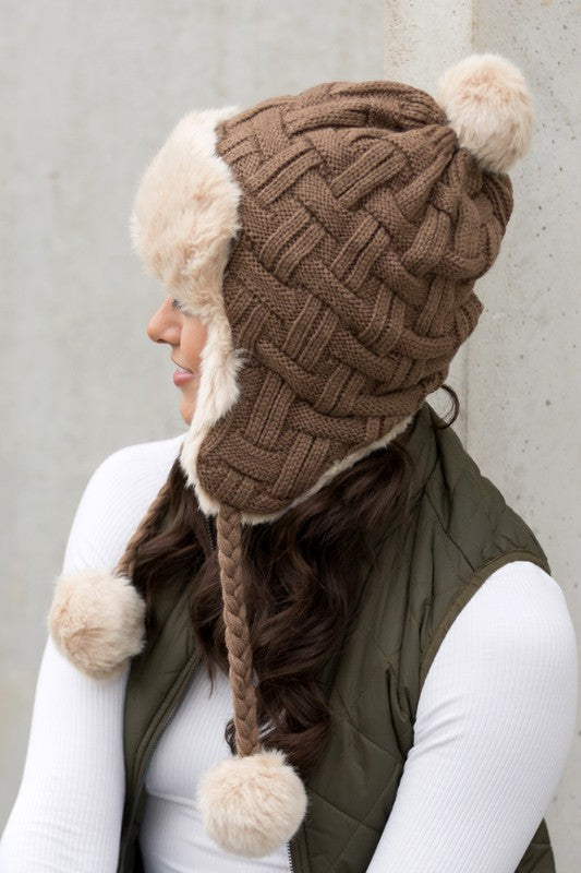 Cable Weave Pom Trapper Hat | Polyester Trapper Hat With Faux Fur Pom Accent