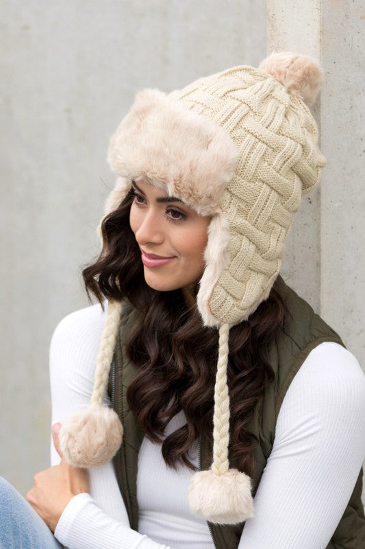 Cable Weave Pom Trapper Hat | Polyester Trapper Hat With Faux Fur Pom Accent